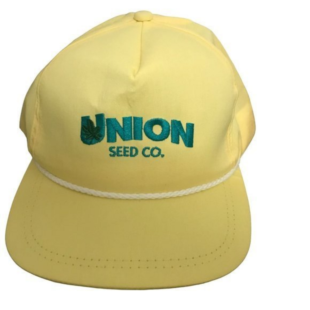 Union‎ Seed Mens Yellow Adjustable Snackback Truckers Vtg Cap USA